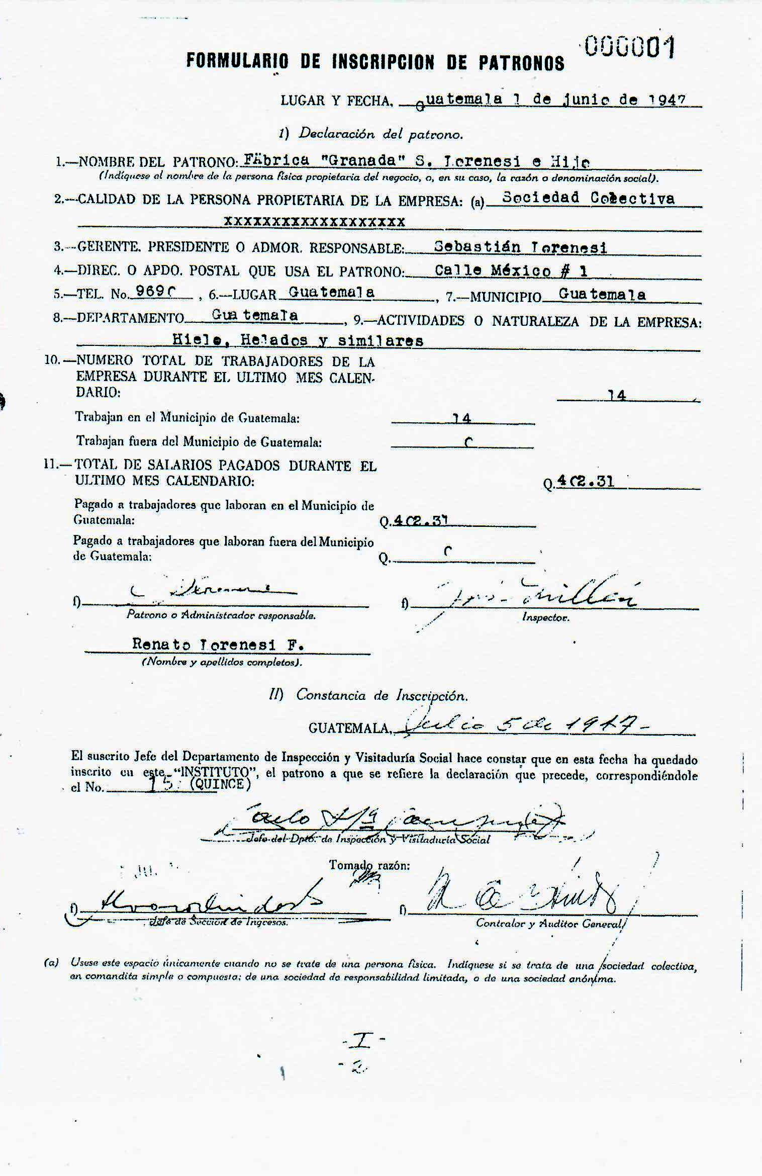 Formulario de inscripción original de Fábrica Granada de 1947